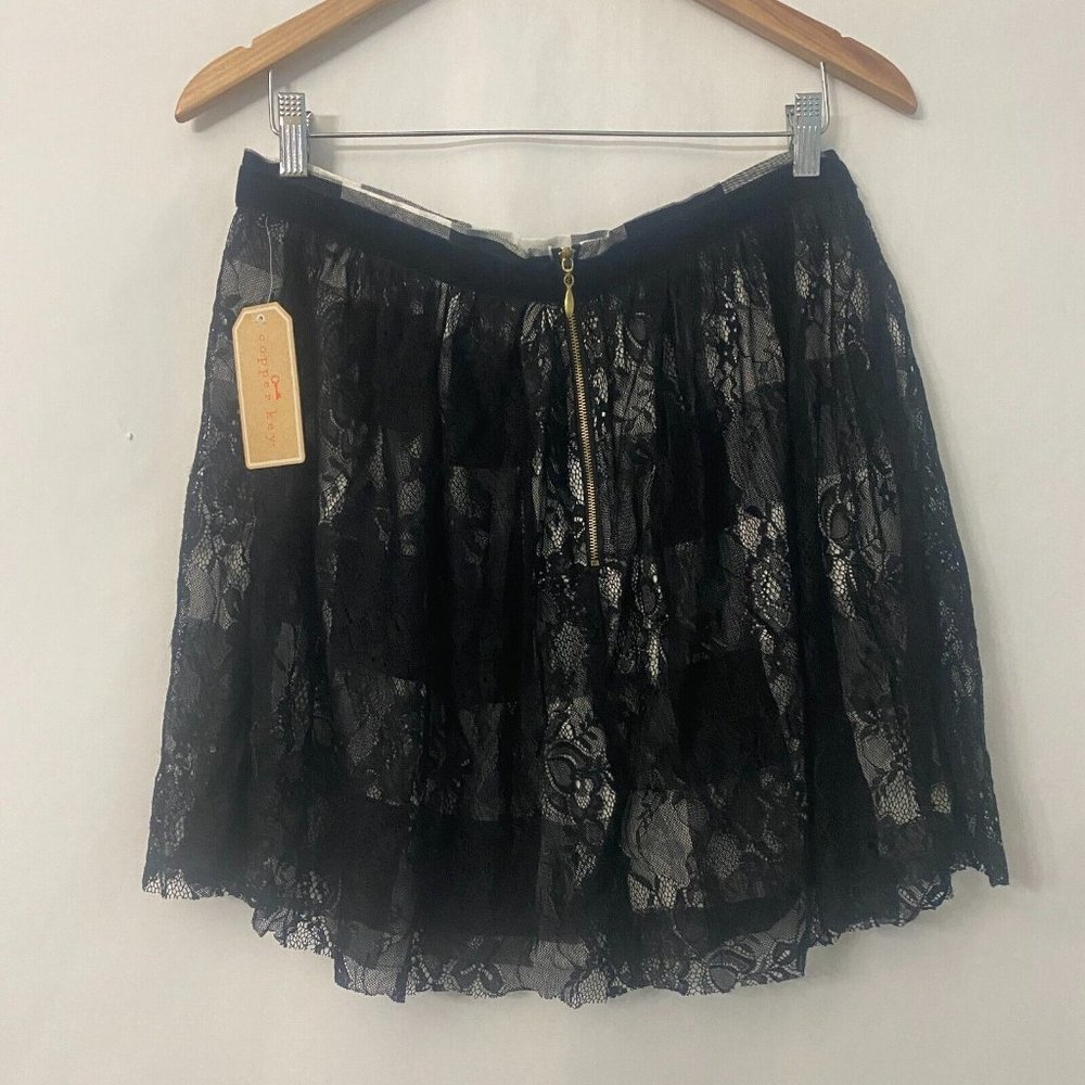 Copper Key Lace Plaid Mini Skirt A Line Black White Dressy Or Casual Sz M - Picture 2 of 15